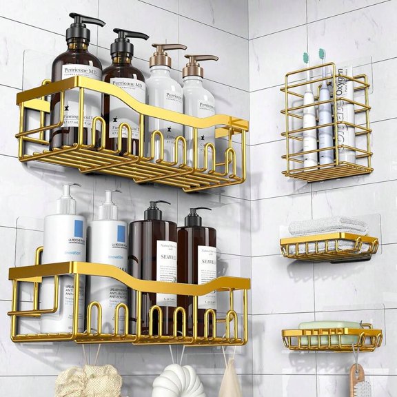 5-Pack Adhesive Shower Caddy Set, Rust-Resistant Stainless Steel Bathroom Shelves, No-Drill Wall Mounted Storage Organizer for Shower, Bathroom, Kitchen and Toilet