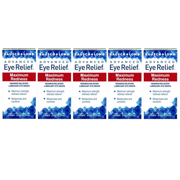 5 Pack - Advanced Eye Relief Maximum Redness, Redness Reliever Lubricant Eye Drops from Bausch & Lomb, for Dry Eyes & Redness Relief, 0.5 Fl Oz (15 mL)