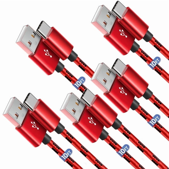 Afflux 5 Pack USB-A to USB-C Fast Charger Braided Type C Cable Compatible with iPhone 17 / 16 / 15 Pro Max Plus Air, Samsung Galaxy S25 S24 S23 Ultra, Google Pixel, iPad Pro, Universal (10ft, Red)