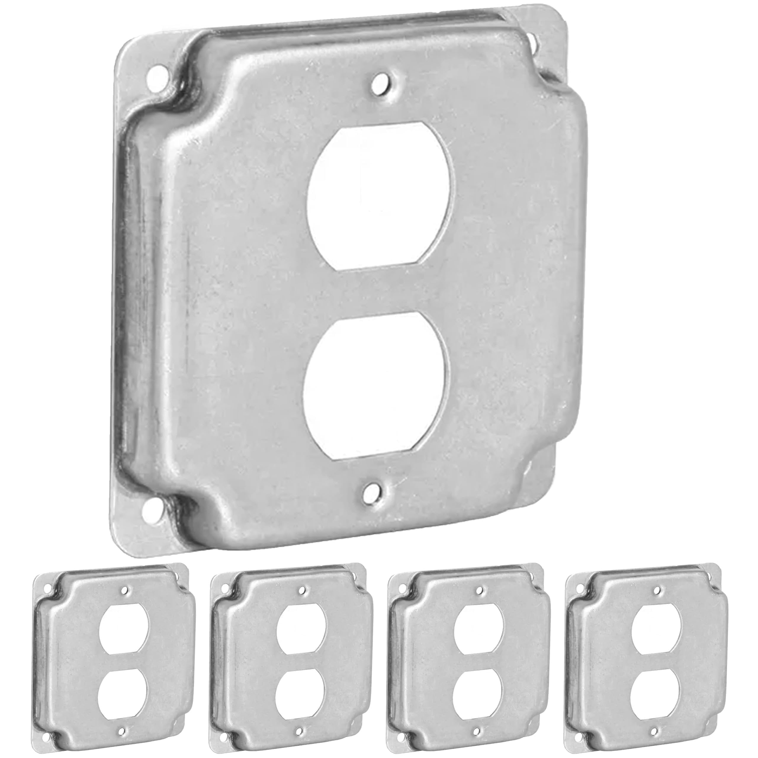 5 Pack Airmont Products 1-Gang Duplex Receptacle Electrical Box Cover - 4 Inch Square 1/2 Inch Raised Galvanized Steel Cover for Exposed Work - Surface Mount Junction Box Cover for Duplex Outlets
