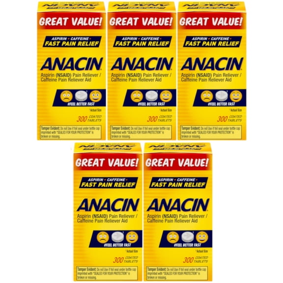 5 Pack Anacin Fast Pain Relief Aspirin & Caffeine Pain Reliever 300 Tablets Each