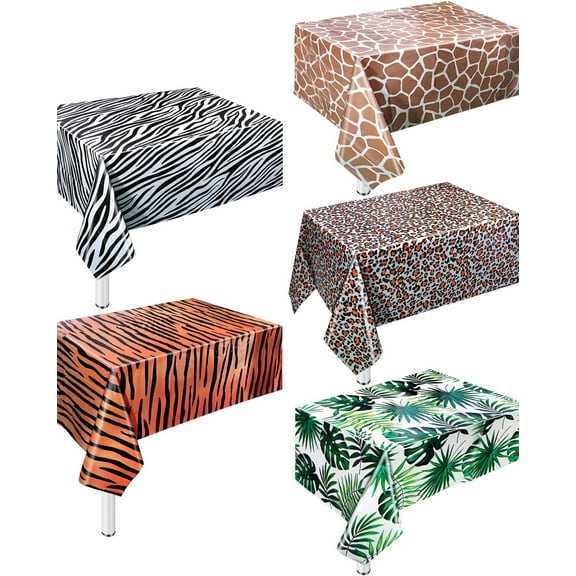 5 Pack Animal Safari Tablecloth,Zoo Print Table Cover,Jungle Animal Theme Leopard Tiger Zebra Giraffe Palm Leaf Print Tablecloth Party Supplies for Zoo Jungle Safari Theme Birthday Party Baby Showers