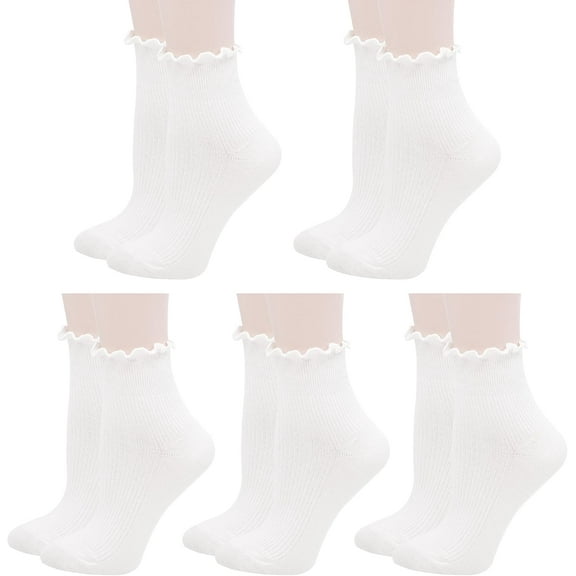 5 Pack Ankle Socks for Women, Ruffle Cuff Cotton Crew Socks, Frilly Knit Lettuce Cute Low Cut Socks
