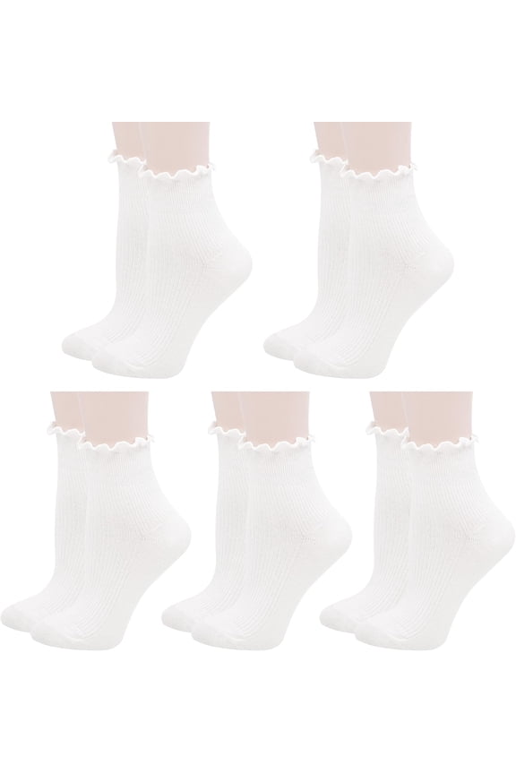 5 Pack Ankle Socks for Women, Ruffle Cuff Cotton Crew Socks, Frilly Knit Lettuce Cute Low Cut Socks