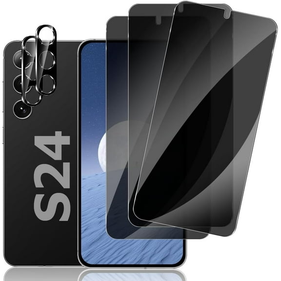 5-Pack Anti-Peep Screen Protector for Samsung Galaxy S24 Tempered Glass Strips [3 x Screen Protector + 2 x Camera Lens], 9H Hardness, Fits Case, No Bubbles, Anti-Scratch