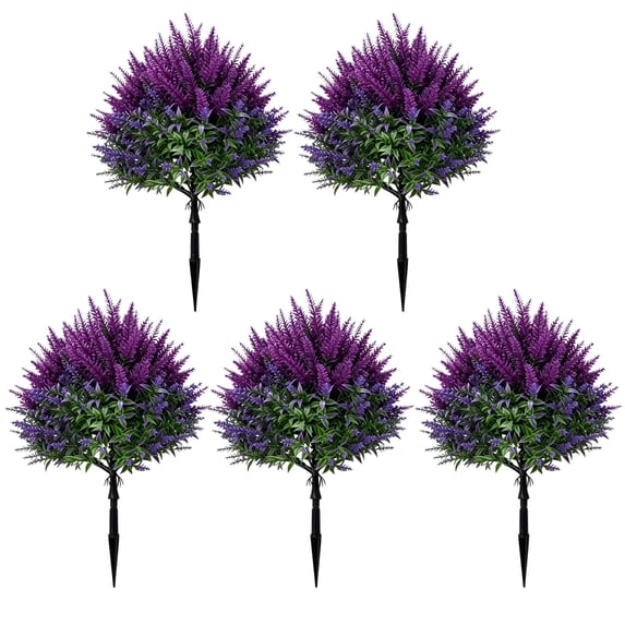 5 Pack Artificial Lavender Ground Stakes 19.69in UV Resistant Plastic Purple Flower Bushes with Pointed Rods for Garden Pathway Yard Decor