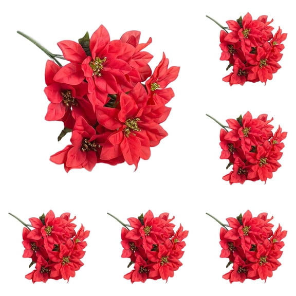 5 Pack Artificial Poinsettia Bushes,14.8 Inch Faux Red 6 Stems Velvet Poinsettia Floral for Indoor Outdoor Christmas Tree Ornament Home Porch Decorations