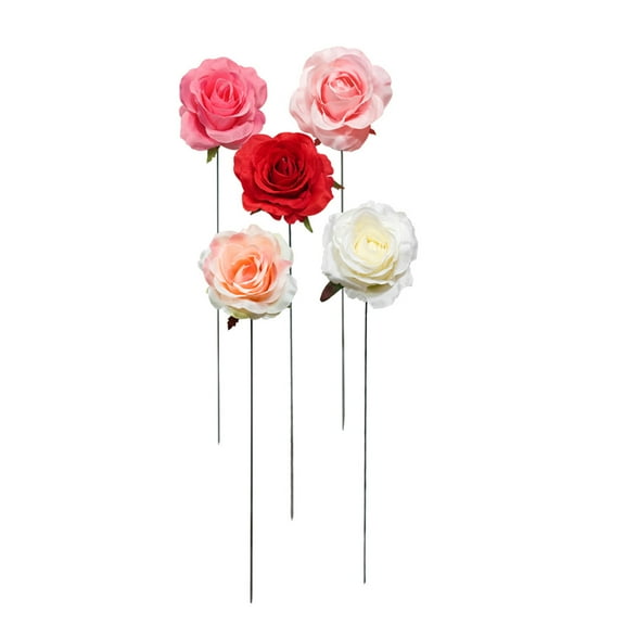 5-Pack Artificial Rose Flowers for Garden Decoration | Outdoor Fake Plastic Roses with Stakes for Yard, Cemetery, or Patio Decor | All-Weather Faux Flowers