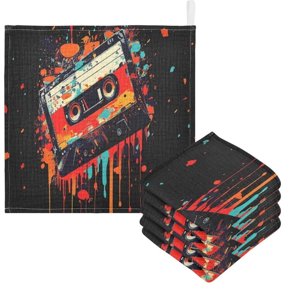5 Pack Artistic Music Retro Cassette Baby Muslin Washcloths, Colorful Soft Absorbent Face Towel Burp Cloths Cotton Bath Wipes Infant Wash Cloth for Newborn Boys Girls