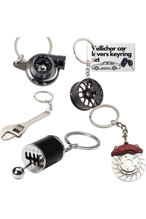 5 Pack Auto Car Parts Keychain Set with Manual Gear Shifter | Wheel Rim | Spanner | Turbo | Brake Disc Keychain | Auto Enthusiast Gift Set | Car Truck Bike | Parts Keyring