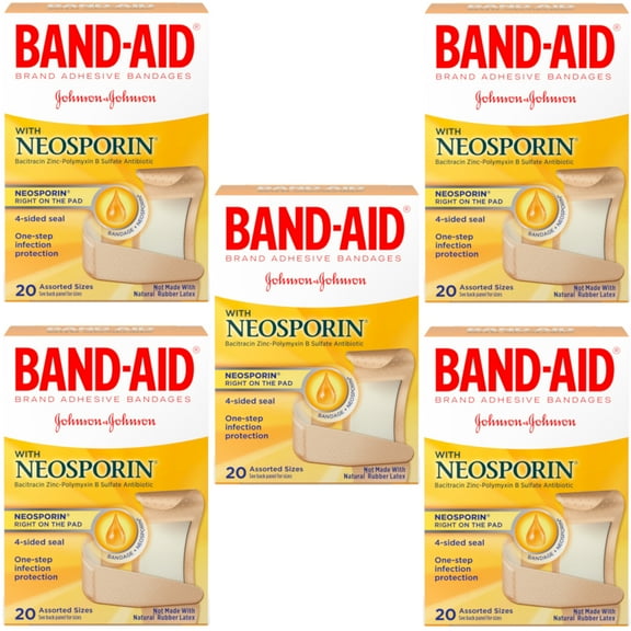 5 Pack - BAND-AID Plus Neosporin Bandages Assorted Sizes 20 Each