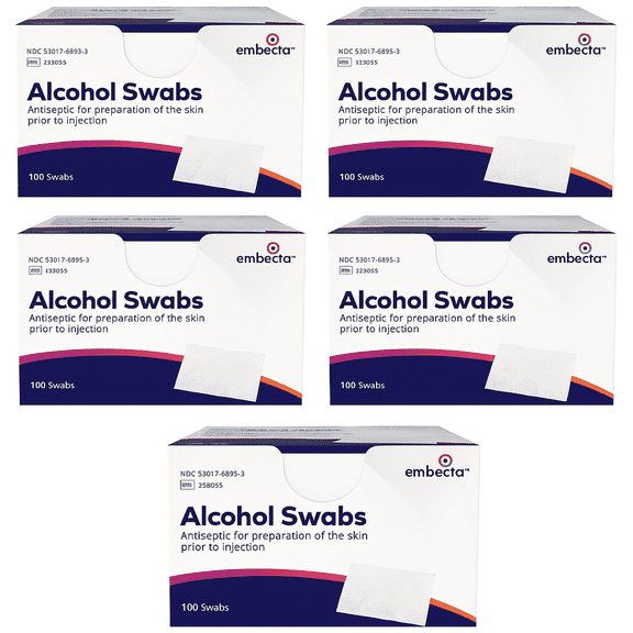 Embecta (Formerly BD) Alcohol Prep Pads, 70% Strength Isopropyl Alcohol, Box of 100 Individual Packets, 5-Pack