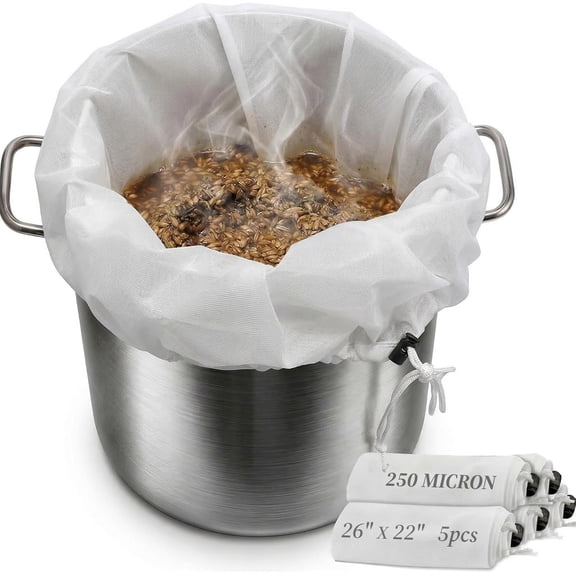 5 Pack BIAB Brewing Bag(26" x 22"), 250M Reusable Fine Mesh Brew in a Bag with Reinforced Stitching & Drawstring, HD Nylon Straining Bag for All Grain Home Brewing, Beer Wine Cider & Cold Brew Coffee