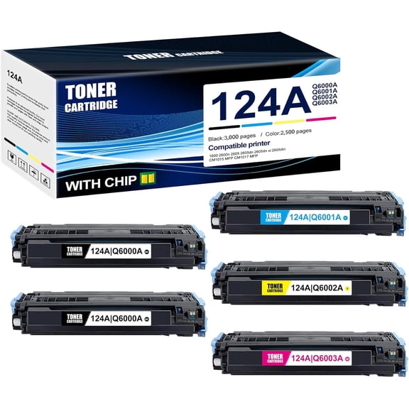 5-Pack BK/C/M/Y 124A Q6000A Q6001A Q6002A 6003A Toner Cartridge: Compatible 124A Q6000A Q6001A Q6002A 6003A Replacement for HP 1600 2600n 2605 2605dn 2605dn xi 2605dtn CM1015 MFP CM1017 MFP Printer