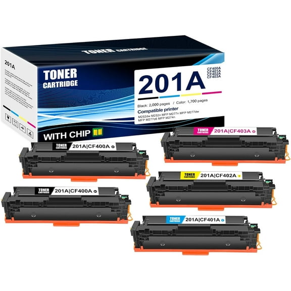 5-Pack BK/C/M/Y 201A CF400A CF401A CF402A CF403A Toner Cartridge: Compatible 201A CF400A CF401A CF402A CF403A Replacement for HP M252dw M252n MFP M277n MFP M277dw MFP M277c6 MFP M274n Printer