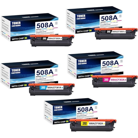 5-Pack BK/C/M/Y 508A CF360A CF361A CF362A CF363A Toner Cartridge: Compatible 508A CF360A CF361A CF362A CF363A Replacement for HP M552dn M553n M553dn M553x M553dh MFP M577dn MFP M577z MFP M577f Printe
