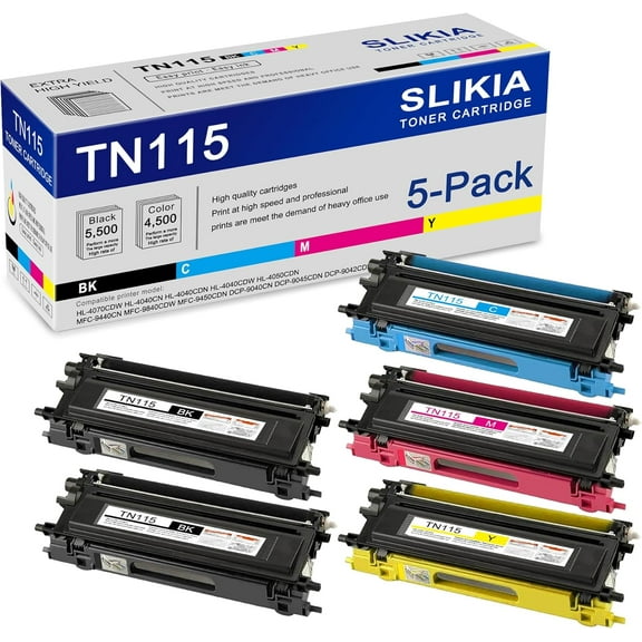 5-Pack BK/C/M/Y TN115 Toner Cartridge: Compatible TN115 TN-115 Replacement for Brother HL-4070CDW 4040CN 4040CDN 4040CDW 4050CDN MFC-9440CN 9840CDW 9450CDN DCP-9040CN 9045CDN 9042CDN Printer