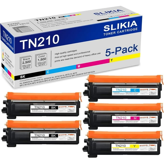 5-Pack BK/C/M/Y TN210 Toner Cartridge: Compatible TN210 TN-210 Replacement for Brother HL-3040CN 3045CN 3070CW 3075CW 8070 8370 MFC-9010CN 9120CN 9125CN 9320CN/CW 9325CW DCP-9010CN Printer
