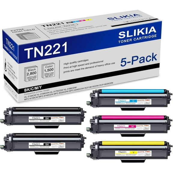 5-Pack BK/C/M/Y TN221 Toner Cartridge: Compatible TN221 TN-221 Replacement for Brother HL-3140CW 3150CDN 3170CDW 3180CDW MFC-9130CW 9140CDN 9330CDW 9340CDW DCP-9015CDW 9020CDN Printer