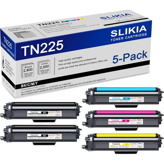5-Pack BK/C/M/Y TN225 Toner Cartridge: Compatible TN225 TN-225 Replacement for Brother HL-3140CW 3150CDN 3170CDW 3180CDW MFC-9130CW 9140CDN 9330CDW 9340CDW DCP-9015CDW 9020CDN Printer