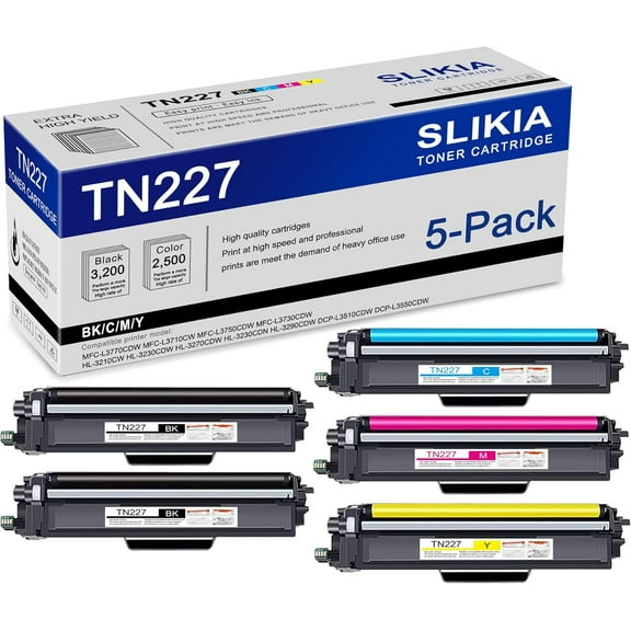 5-Pack BK/C/M/Y TN227 Toner Cartridge: Compatible TN227 TN-227 Replacement for Brother MFC-L3770CDW L3710CW L3750CDW L3730CDW HL-3210CW 3230CDW 3270CDW 3230CDN 3290CDW DCP-L3510CDW L3550CDW Printer