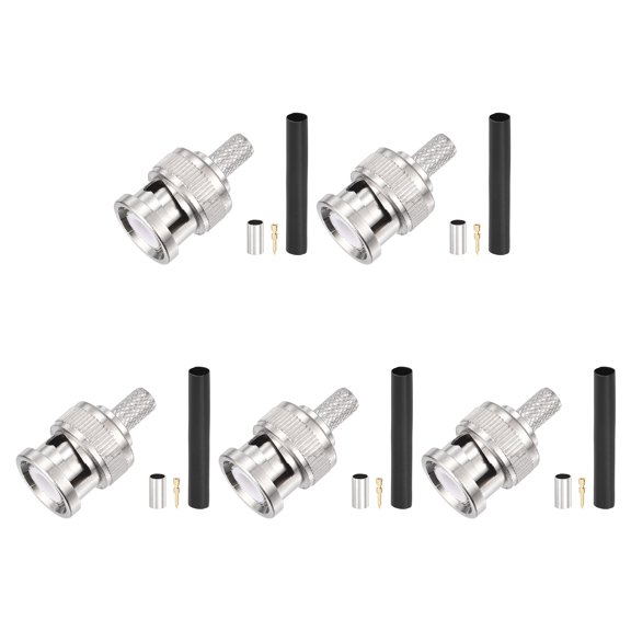 5 Pack BNC Male Crimp Connector, 3.2mm 50 Ohm BNC Male Coax Connectors with Heat Shrink Tubing for RG58 RG142 RG400 LMR195 RG303 RG223 Coax Cable Wireless Internet, Silver