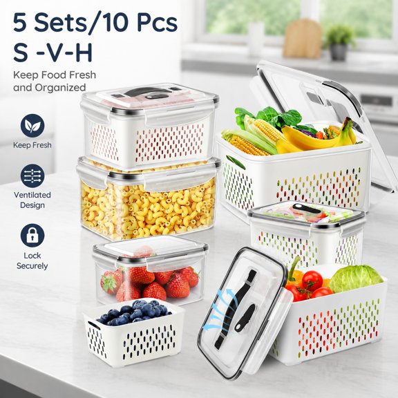 5 Pack BPA Free Plastic Fridge Storage Containers with Vent Handle, Removable Colander, Stackable Refrigerator Organizer Bins for Berry, Meat, Vegetables