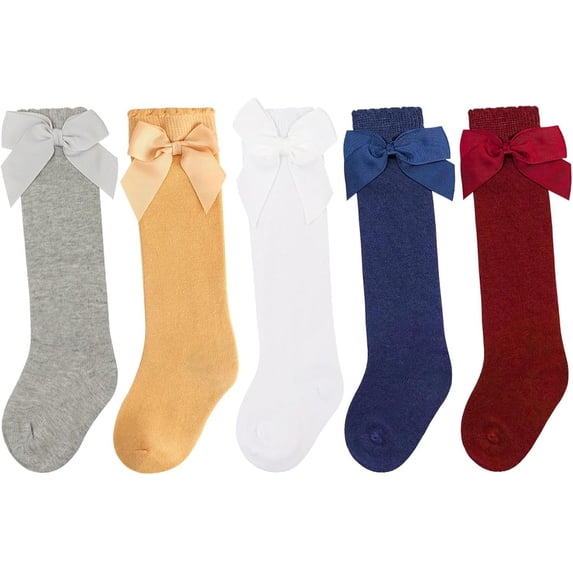 5 Pack Baby Girl Knee High Socks Toddler Dress Socks Baby Bow Stocking Cotton Infant Socks