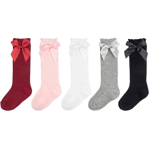 5 Pack Baby Girl Knee High Socks Toddler Dress Socks Baby Bow Stocking Cotton Infant Socks