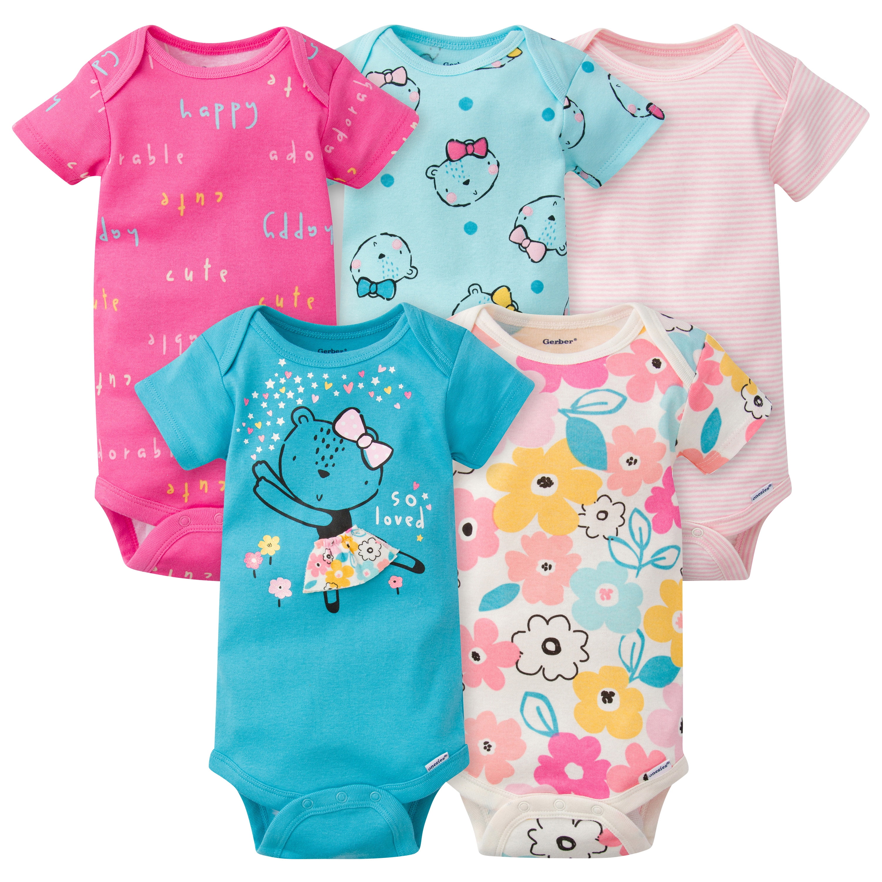 Gerber Onesies Brand Baby Girl Short Sleeve Bodysuits, 5 Pack, Sizes