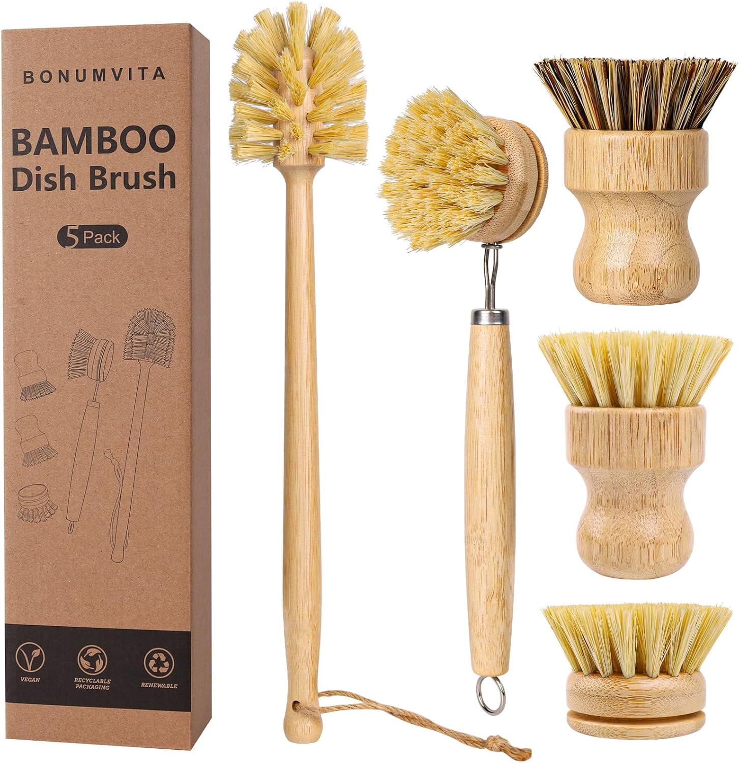 5 Pack Bamboo Dish Brush Set, Wooden Dish Brush with 14’’ Bottle Brush, Natural Kitchen Scrub Brush for Dishes Pots, Pans, Sinks, Woks, Vegetables