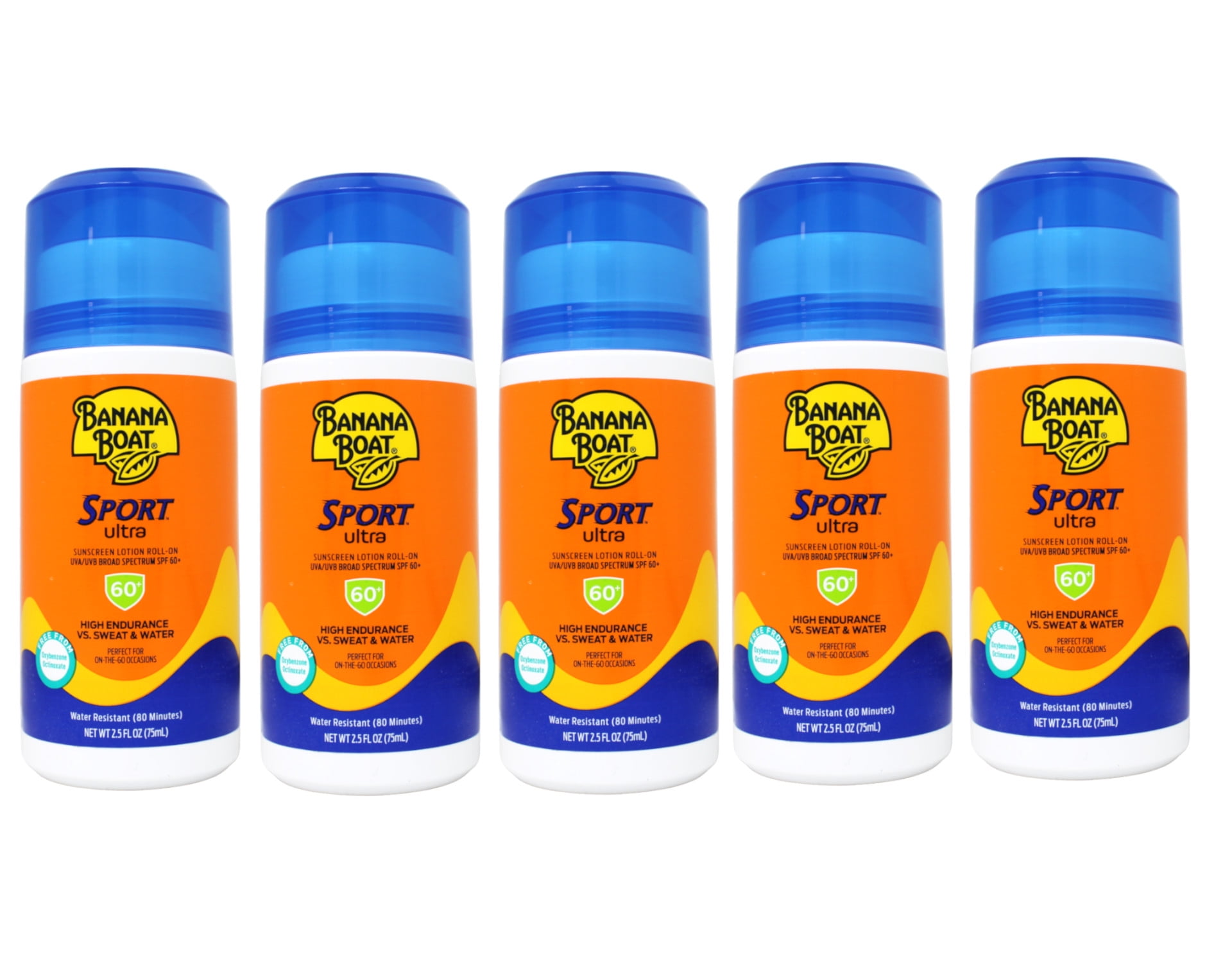 5 Pack - Banana Boat Sport Ultra Sunscreen Lotion Roll-On 2.5 Oz, 60 SPF, Water Resistant (80 Minutes) Sunblock, Superior Endurance VS Sweat & Water