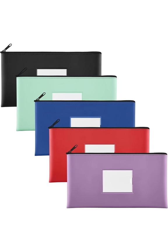 5-Pack Bank Deposit Money Bags with Zipper, PU Leather Bags Cash Wallet Pouches with Label, for Coins, Cosmetics, Invoice, Bills, Tools, 11.5 x 6.2 Inches, 5 Colors