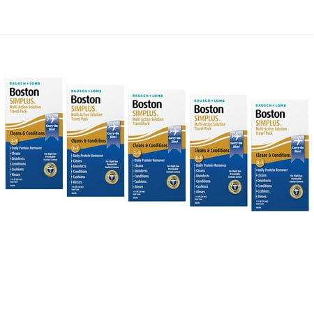 5 Pack - Boston® SIMPLUS Multi-Action Solution Travel Kit and Lens Case - from Bausch + Lomb, 1 fl oz (30 mL), Contact Lens Case Included