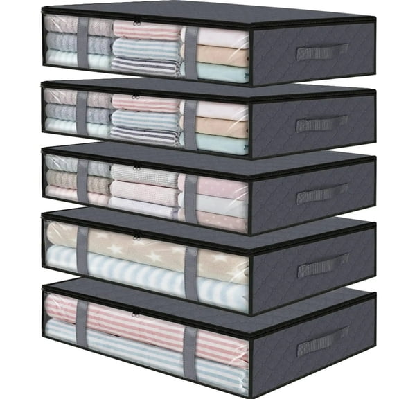 5 Pack Under Bed Storage Bags with Reinforced Handles,45L Visible Underbed Storage,Breathable Non-woven Closet Storage for Blanket, Pillows, Comforters and Quilts