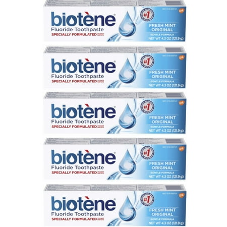 5 Pack Biotene Fresh Mint Original Gentle Formula Fluoride Toothpaste, 4.3 Ounces Each