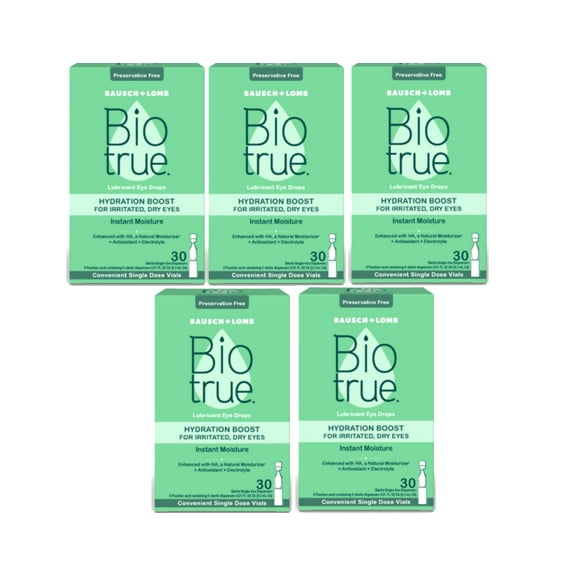 5 Pack - Biotrue Hydration Boost Eye Drops for Irritated, Dry Eyes in Single Dose Vials from Bausch + Lomb, Instant Moisture, Preservative Free, pH Balanced, Naturally Inspired, 30 Count