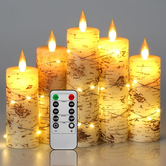 5 Pack Birch Bark Real Wax Flameless Taper Candles with Flickering LED and Copper String Lights Battery Operated with Remote Bestseling