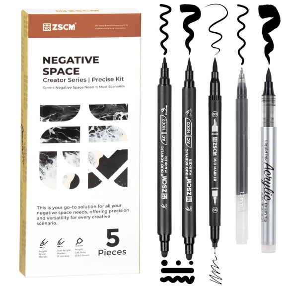 5 Pack Black Acrylic Ink Pens for Drawing, Fine Point Black Gel Pens, Brush Tip Markers，Dual-Tip Opaque Acrylic Markers for Highlighting Drawing, Sketching, Illustration, Card Making