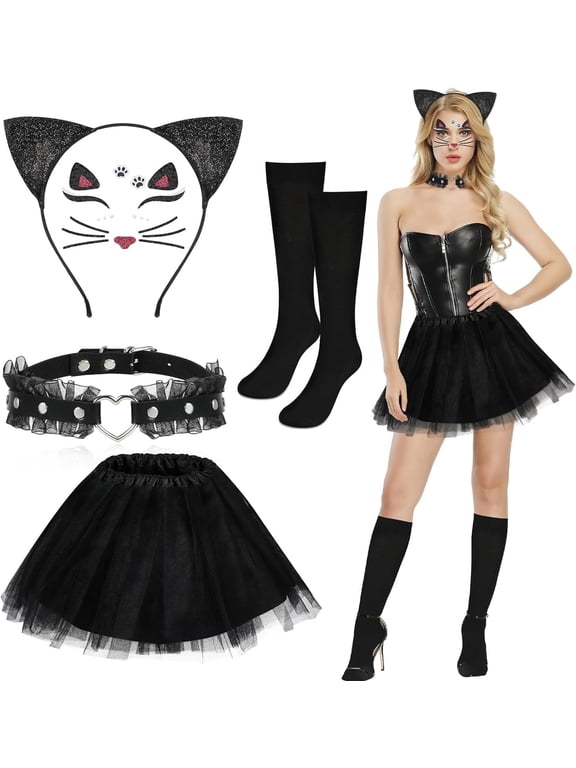 5PCS Black Cat Costume Set for Women, Cat Ear Headband Choker Necklace Face Jewels Tutu Skirt with Sock for Anime Cosplay Party Masquerade Halloween