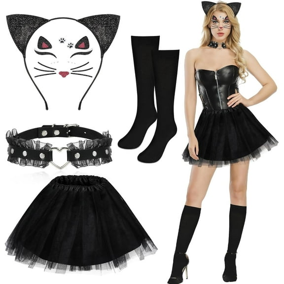 5PCS Black Cat Costume Set for Women, Cat Ear Headband Choker Necklace Face Jewels Tutu Skirt with Sock for Anime Cosplay Party Masquerade Halloween