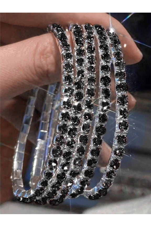 5-Pack Black Crystal Pave Bangle Bracelets With Silvertone Setting