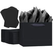 5 Pack Black Gift Bags with Ribbon Handles 11"x 8.7"x 3.9" Medium Size Gift Bags 10 Pcs Tissue Paper included, Medium Wide