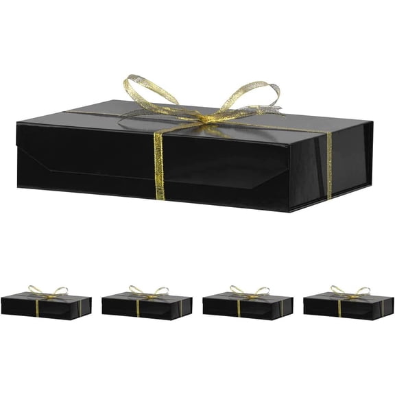 5 Pack Black Gift Boxes with Lids Small 12 x 8 x 2.7 Inches Clothes Gift Boxes for Presents Shirt Gift Boxes with Ribbon Magnetic Gift Boxes Bulk Cute Box for Packaging (Glossy Surface)