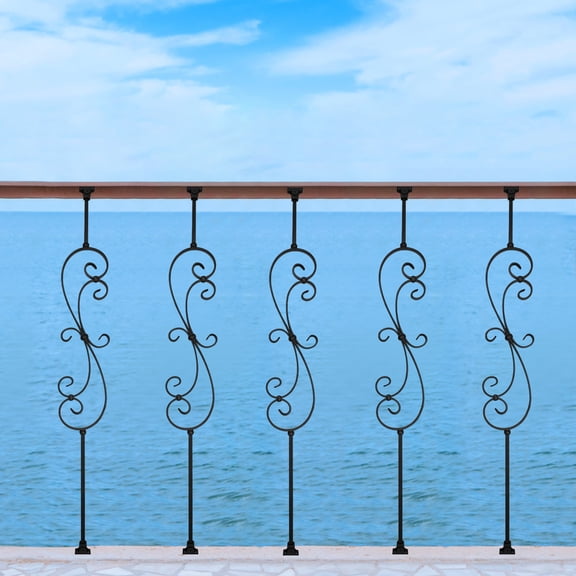 5-Pack Black Iron Balusters, 44in S-Shaped Vintage Design, 180 Adjustable Base, Easy DIY Installation for Interior Stair Railings