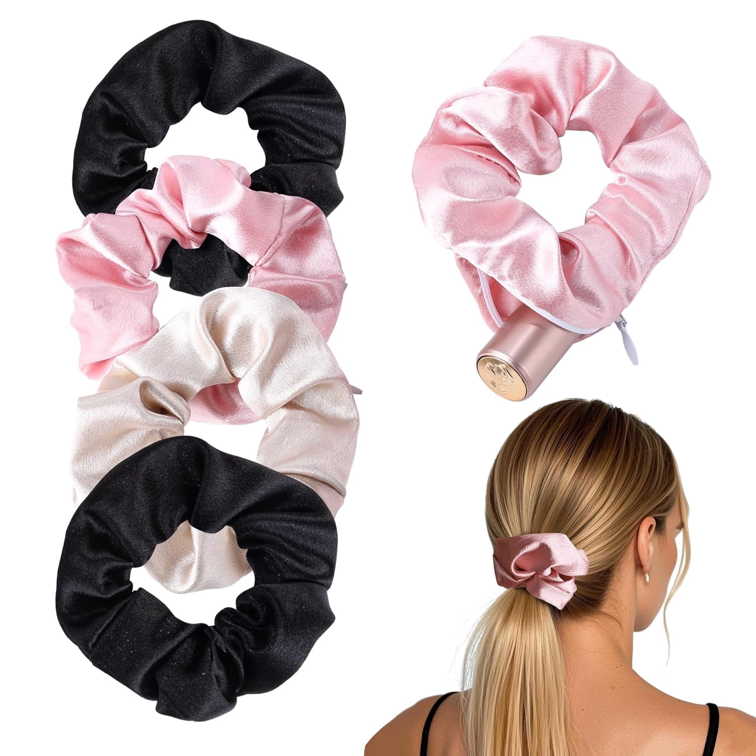 -5 Pack Black&Pink Hair Scrunchies with Zipper Pocket, Scrunchies for Women with Secret Storage, Hidden Safe for Keys, Cash, Cards, Valuables