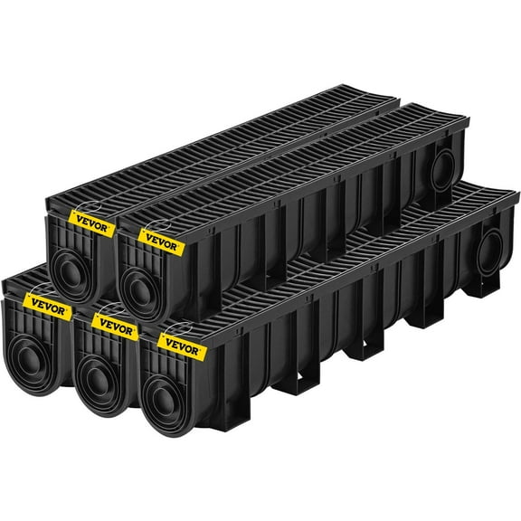 5-Pack Black Plastic Channel Drain Kit with HDPE Grates, 5.9x7.5-Inch Trench Drain for Patio, Yard, and Driveway Water Drainage, Includes End Caps