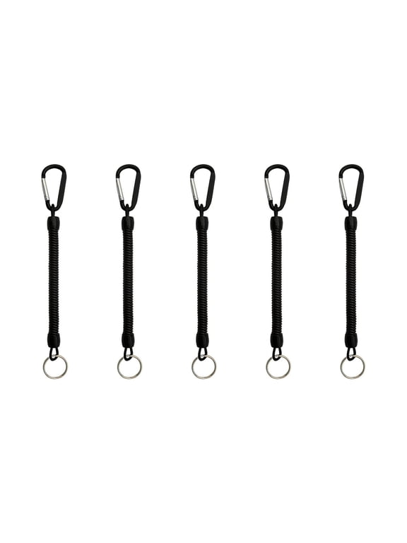 5 Pack Black Retractable Spring Coil Keychains with Carabiners and Split Rings, Stretch Tether Lanyards for Keys, Badges and Small Tools