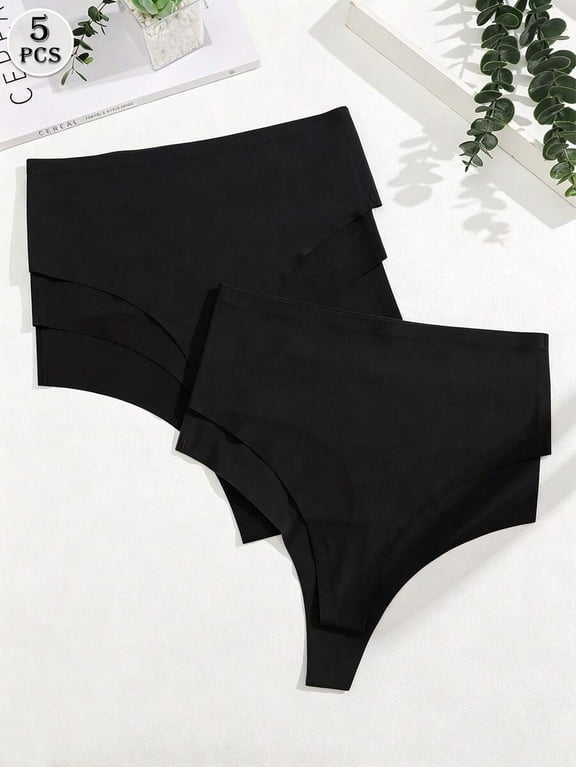 5-Pack Black Seamless High Waist Thong Panties With Rolled Edge