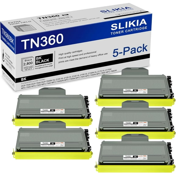 5-Pack Black TN360 Toner Cartridge: Compatible TN360 TN-360 Replacement for Brother DCP-7030 7040 7045N HL-2120 2125 2140 2150N 2170W MFC-7040 7320 7340 7345DN 7440N 7840W Printer